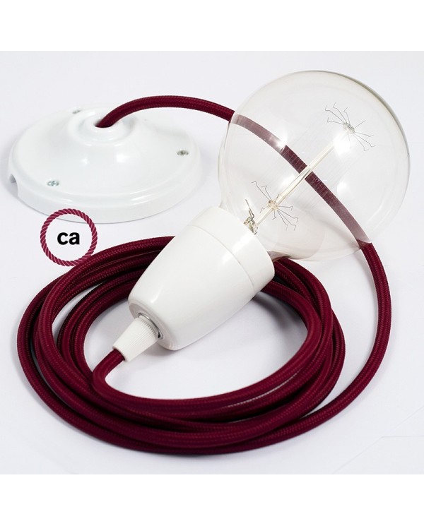 Porcelain Pendant, suspended lamp with Burgundy Rayon textile cable RM19
