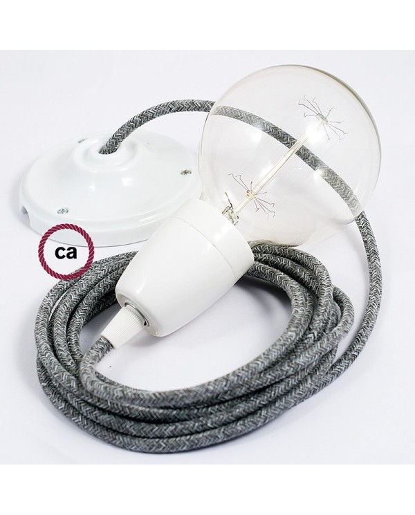 Porcelain Pendant, suspended lamp with Grey Natural Linen textile cable RN02