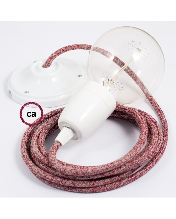 Porcelain Pendant, suspended lamp with Red Glittering Natural Linen textile cable RS83