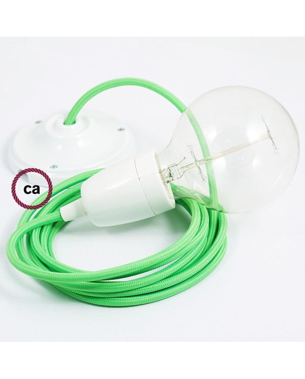 Porcelain Pendant, suspended lamp with Green Fluo textile cable RF06