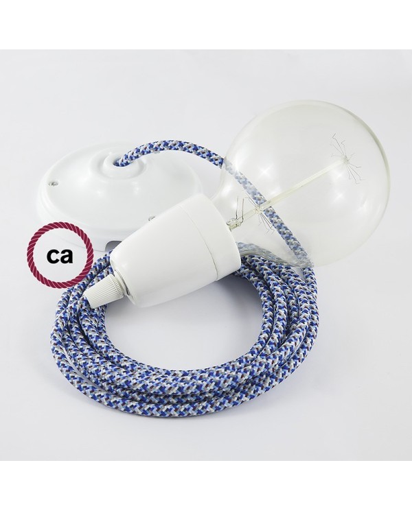 Porcelain Pendant, suspended lamp with Pixel Turquoise textile cable RX03