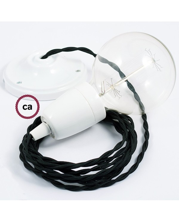 Porcelain Pendant, suspended lamp with Black Rayon textile cable TM04