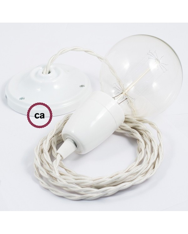 Porcelain Pendant, suspended lamp with Ivory Rayon textile cable TM00