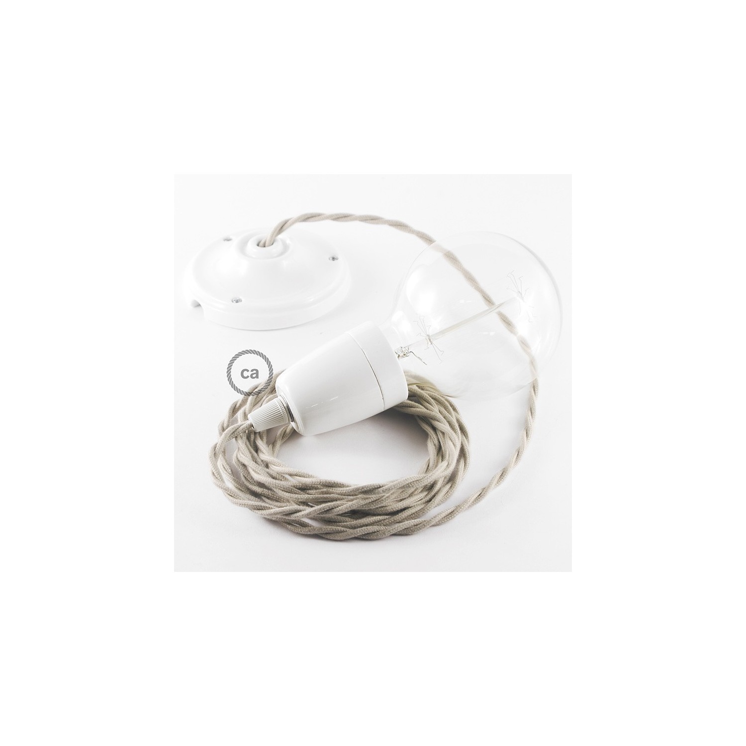 Porcelain Pendant, suspended lamp with Dove Cotton textile cable TC43