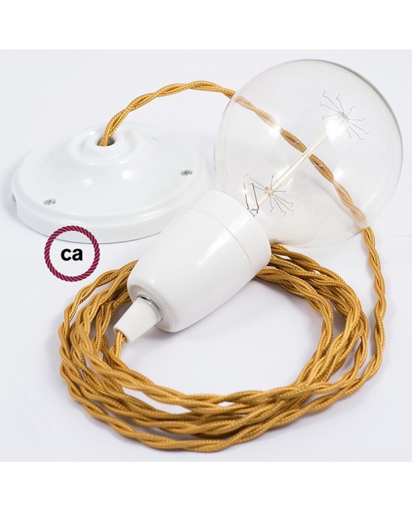 Porcelain Pendant, suspended lamp with Gold Rayon textile cable TM05