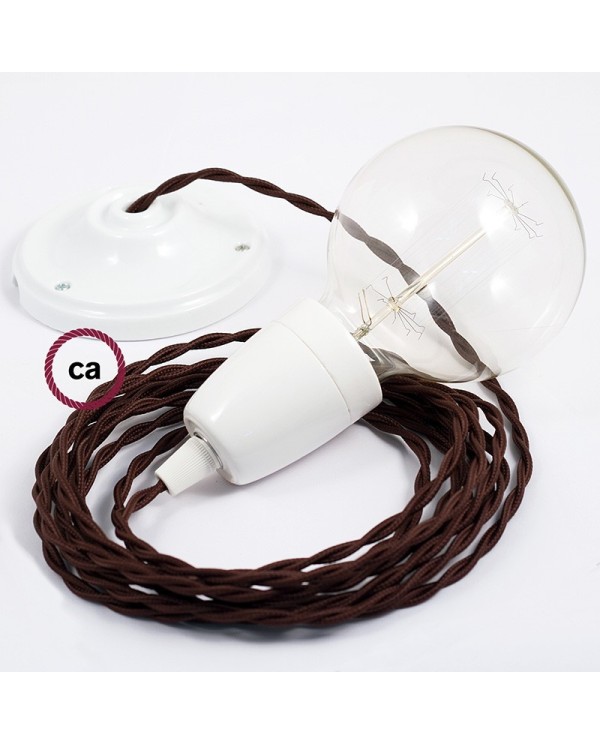 Porcelain Pendant, suspended lamp with Brown Rayon textile cable TM13