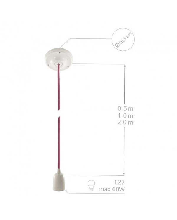 Porcelain Pendant, suspended lamp with Violet Rayon textile cable TM14
