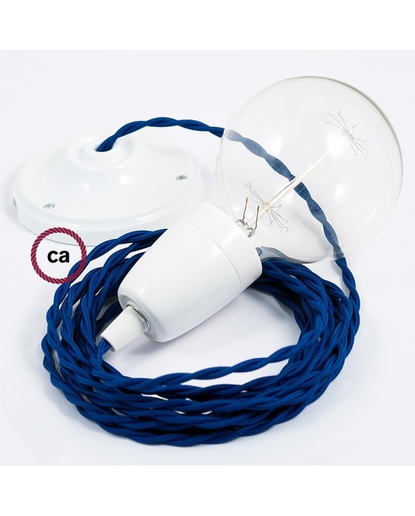 Porcelain Pendant, suspended lamp with Blue Rayon textile cable TM12