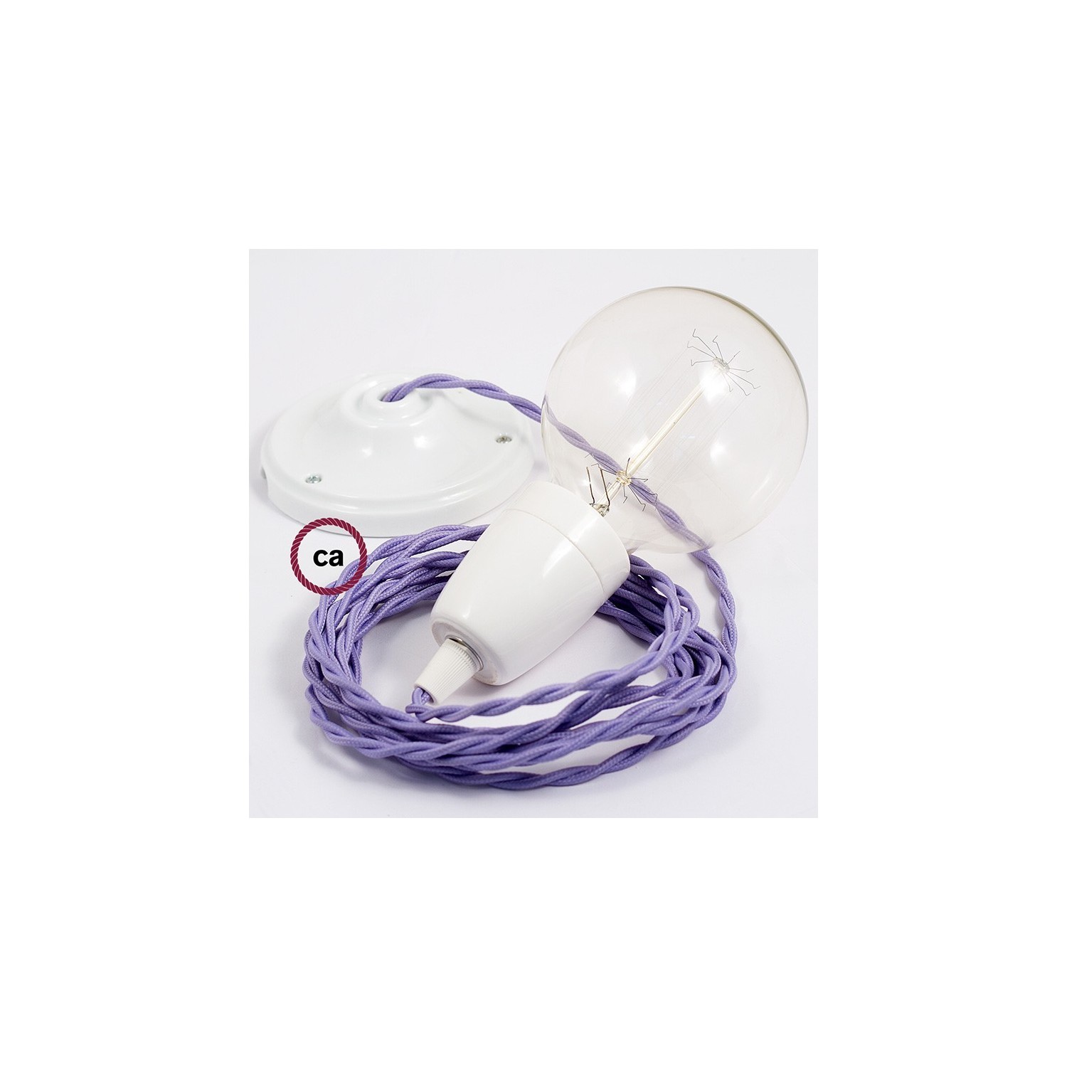 Porcelain Pendant, suspended lamp with Lilac Rayon textile cable TM07