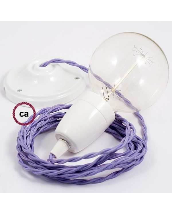 Porcelain Pendant, suspended lamp with Lilac Rayon textile cable TM07
