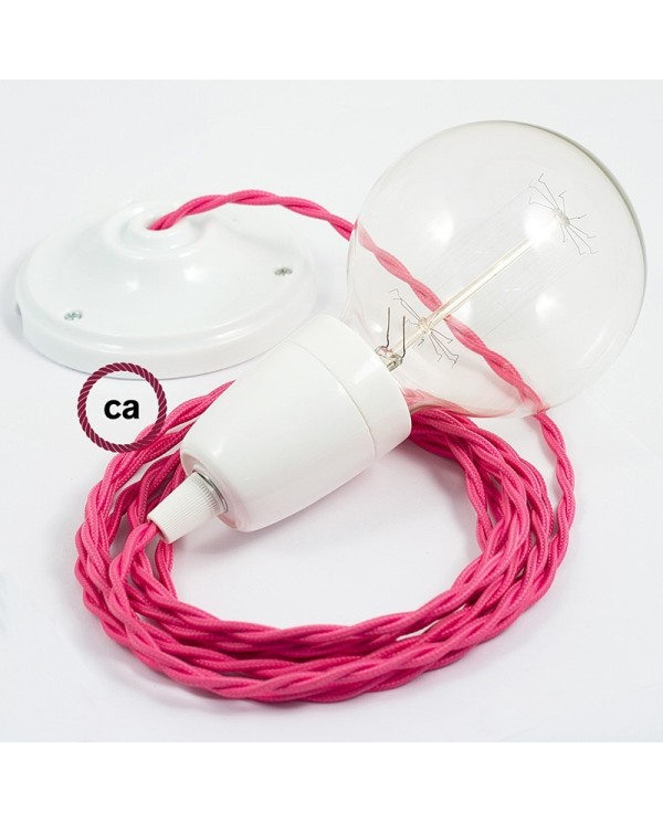 Porcelain Pendant, suspended lamp with Fuchsia Rayon textile cable TM08