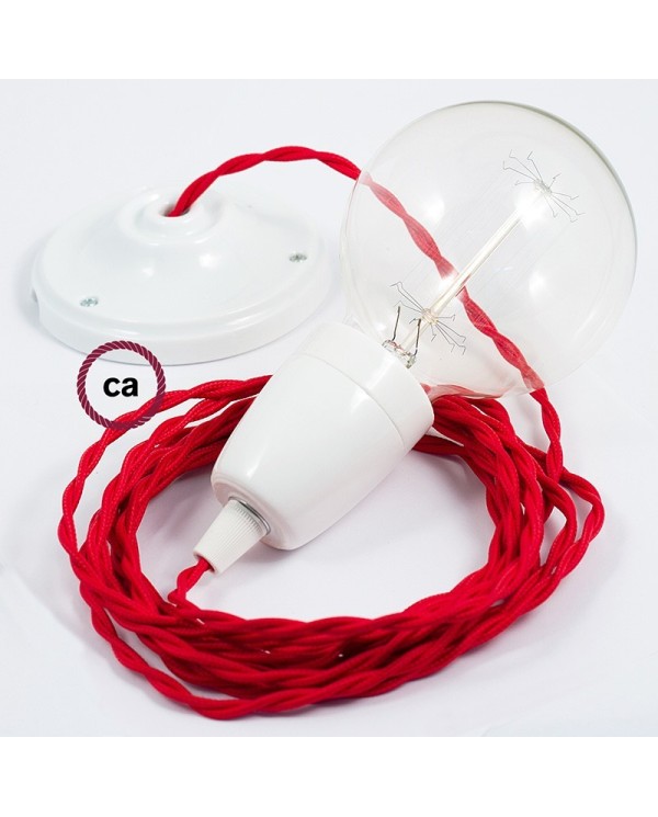 Porcelain Pendant, suspended lamp with Red Rayon textile cable TM09