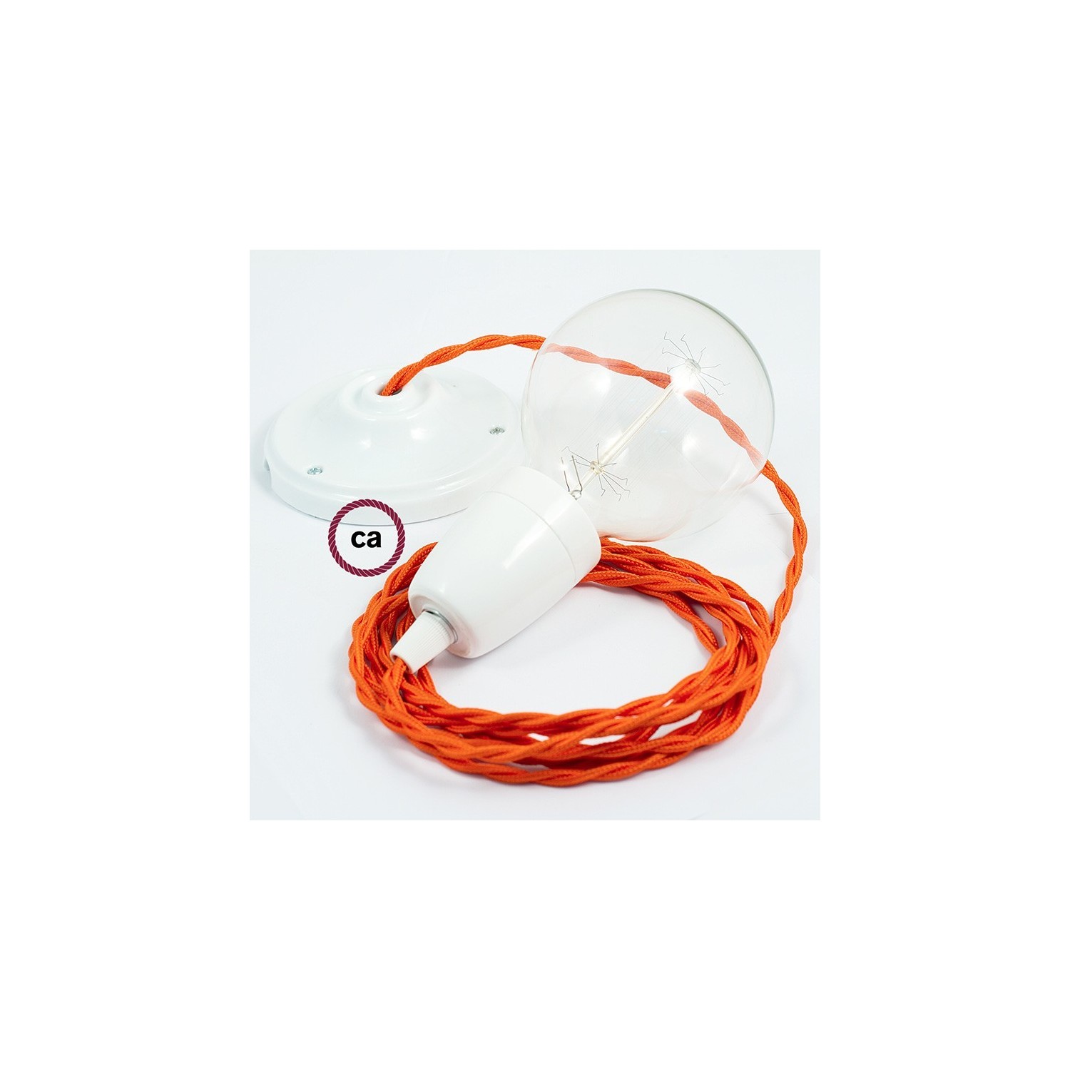 Porcelain Pendant, suspended lamp with Orange Rayon textile cable TM15
