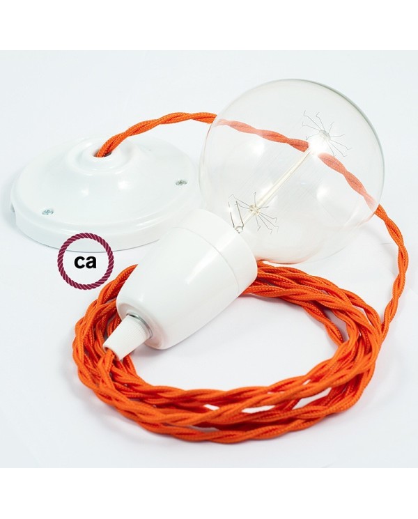 Porcelain Pendant, suspended lamp with Orange Rayon textile cable TM15