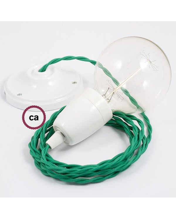 Porcelain Pendant, suspended lamp with Green Rayon textile cable TM06