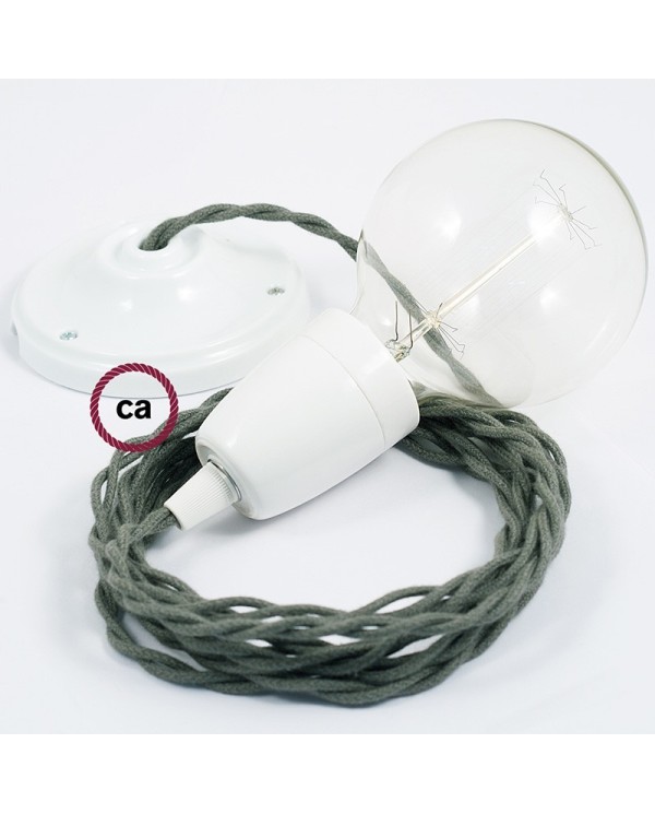 Porcelain Pendant, suspended lamp with Grey Green Cotton textile cable TC63