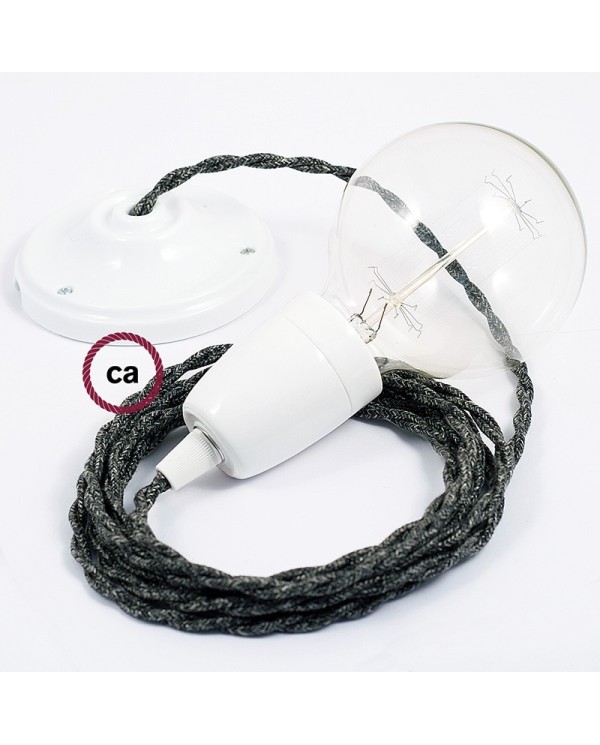Porcelain Pendant, suspended lamp with Anthracite Natural Linen textile cable TN03