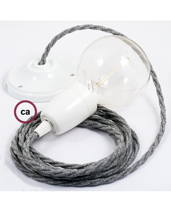 Porcelain Pendant, suspended lamp with Grey Natural Linen textile cable TN02