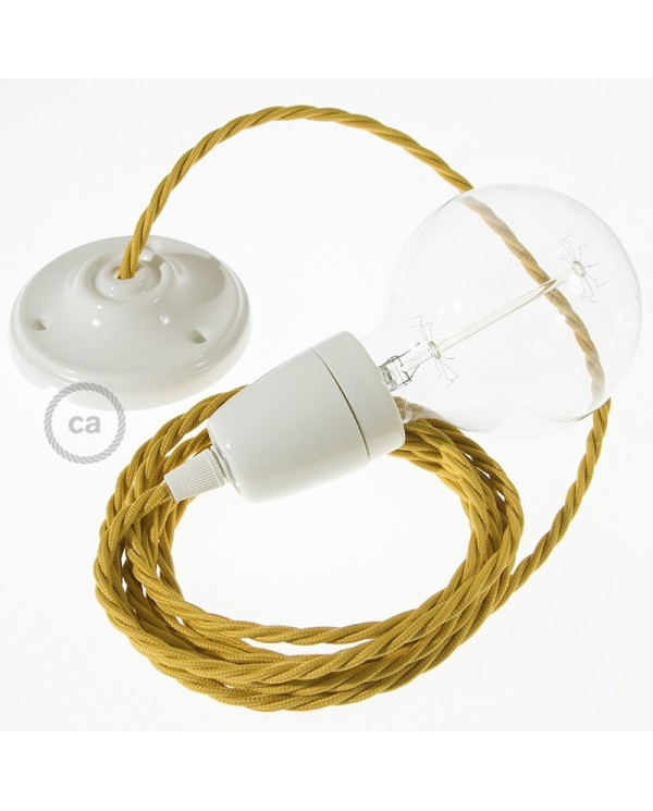 Porcelain Pendant, suspended lamp with Mustard Rayon textile cable TM25