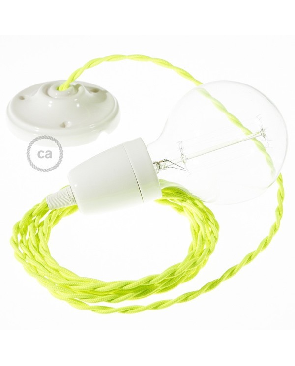 Porcelain Pendant, suspended lamp with Yellow Fluo textile cable TF10