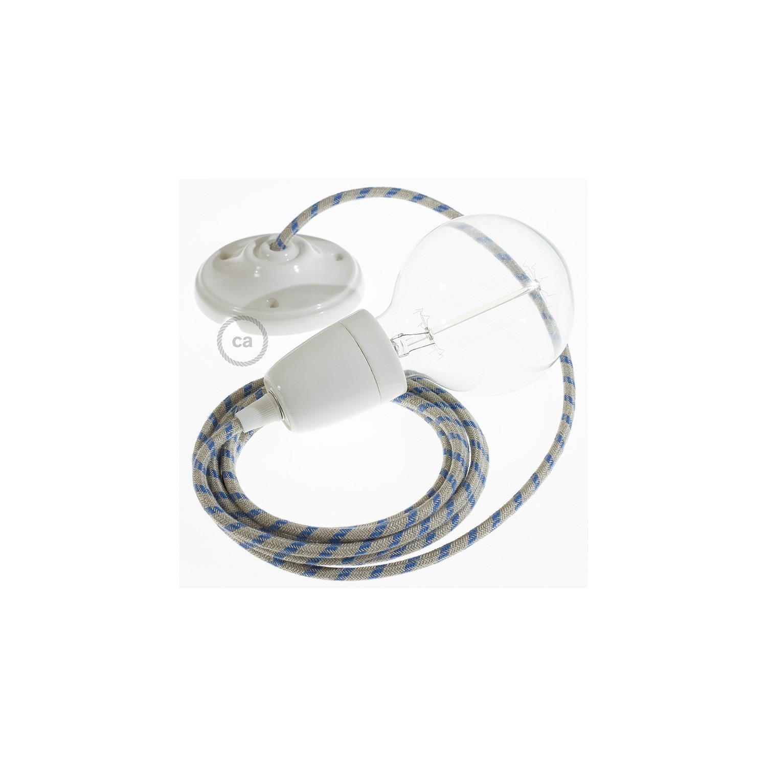 Porcelain Pendant, suspended lamp with Stripes Steward Blue textile cable RD55