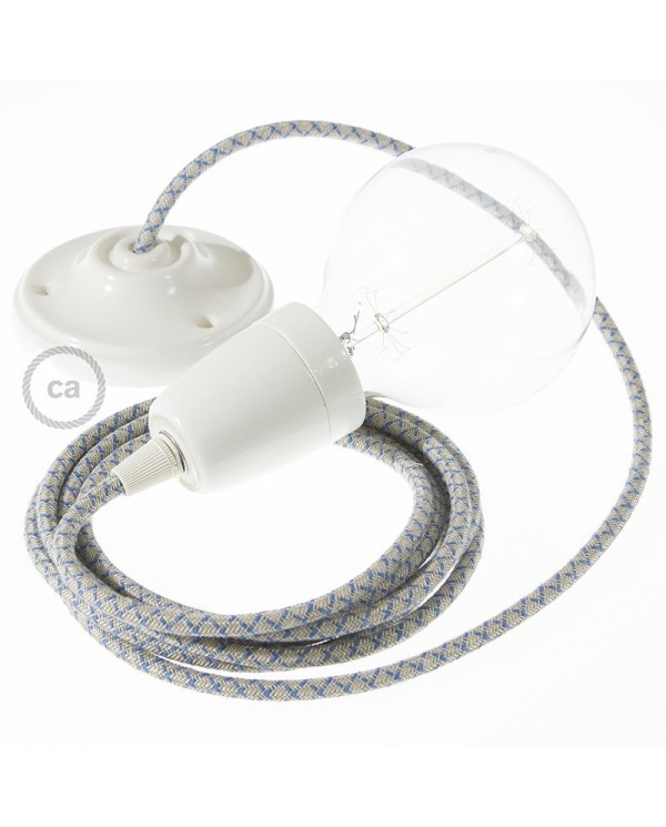 Porcelain Pendant, suspended lamp with Lozenge Steward Blue textile cable RD65