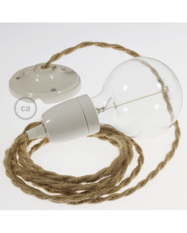 Porcelain Pendant, suspended lamp with Jute textile cable TN06