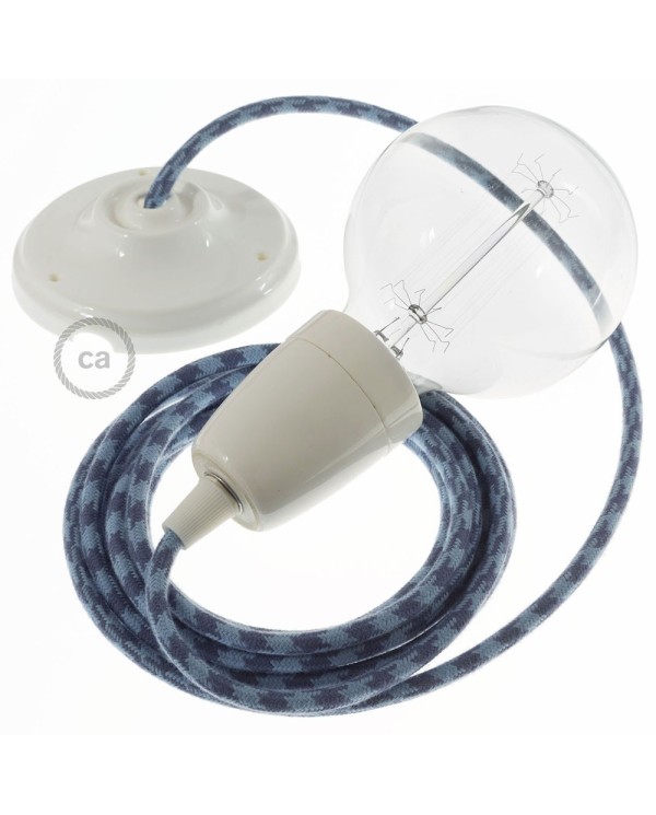 Porcelain Pendant, suspended lamp with Bicolored Stone Grey and Ocean Cotton textile cable RP25