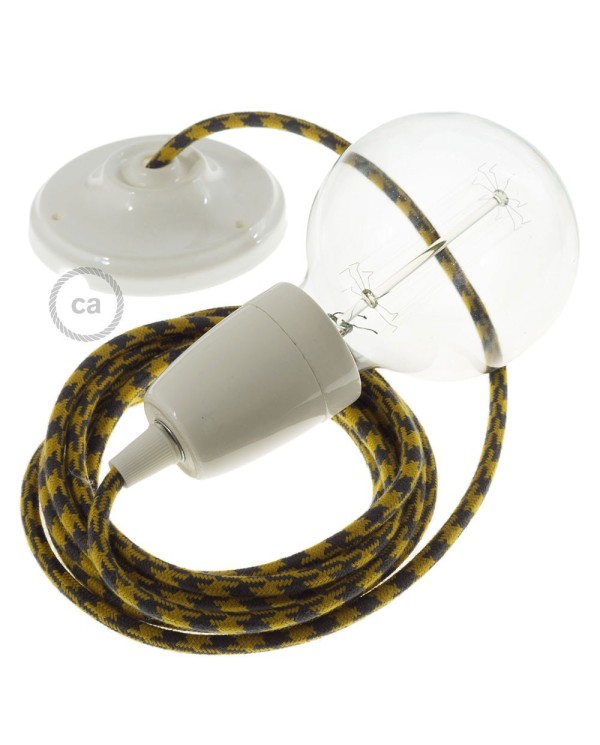 Porcelain Pendant, suspended lamp with Bicolored Golden Honey and Anthracite Cotton textile cable RP27