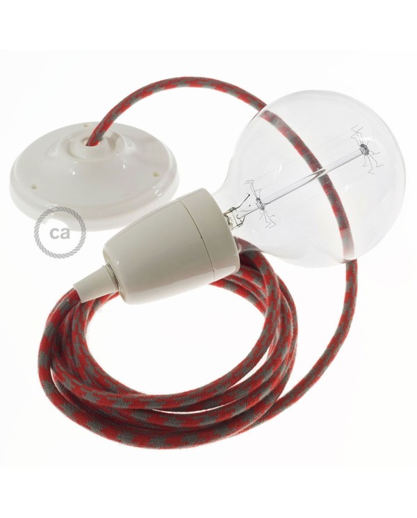 Porcelain Pendant, suspended lamp with Bicolored Fire Red and Grey Cotton textile cable RP28
