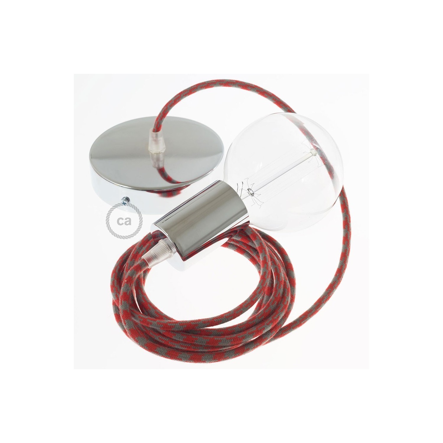 Single Pendant, suspended lamp with Bicolored Fire Red and Grey Cotton textile cable RP28