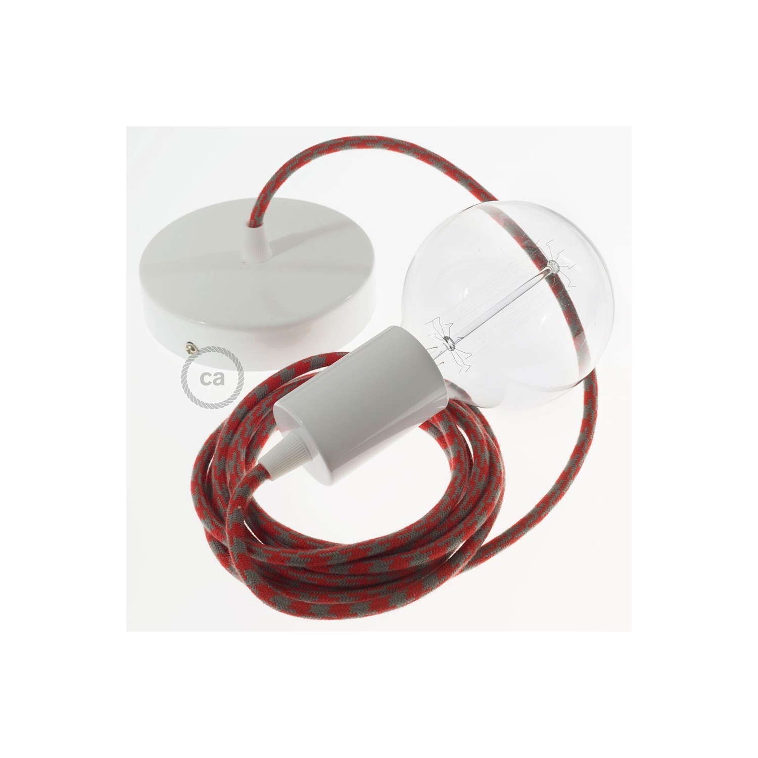 Single Pendant, suspended lamp with Bicolored Fire Red and Grey Cotton textile cable RP28