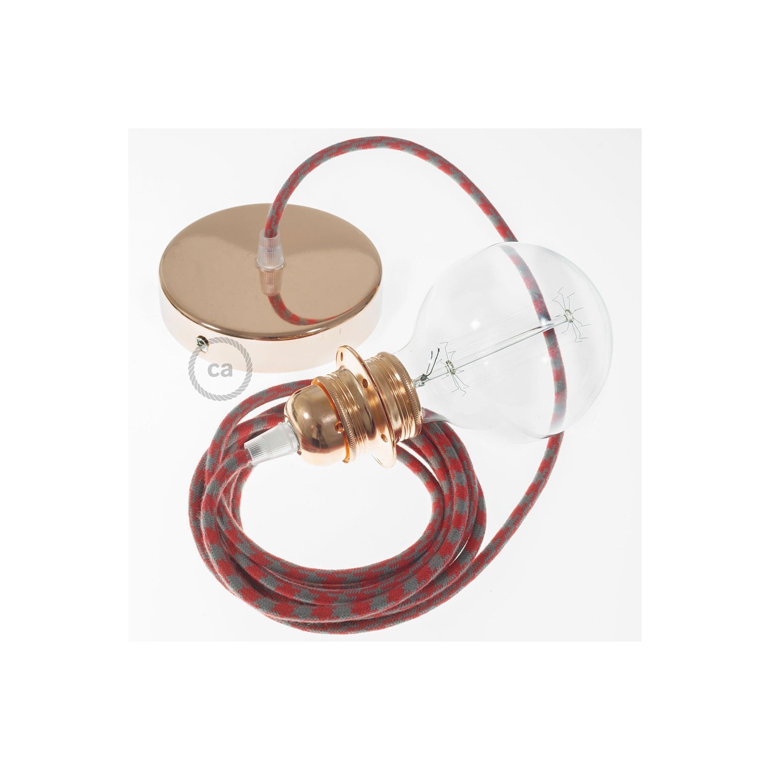 Pendant for lampshade, suspended lamp with Bicolored Fire Red and Grey Cotton textile cable RP28