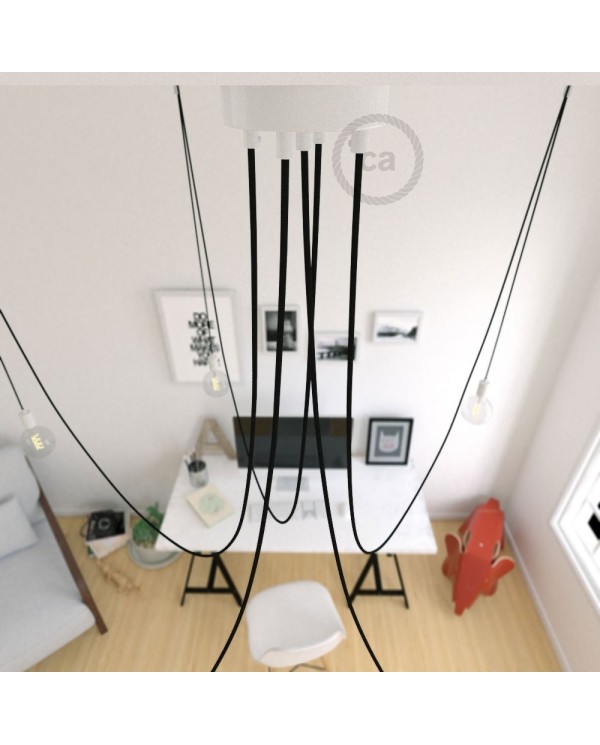 Spider, multiple suspension with 5 pendants, white metal, RM04 Black cable, Made in Italy.