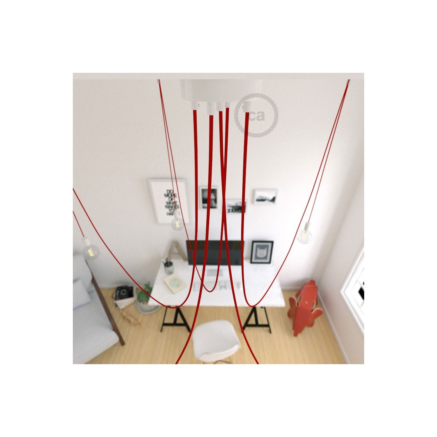 Spider, multiple suspension with 5 pendants, white metal, RM09 Red cable, Made in Italy.