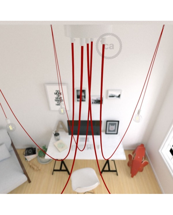 Spider, multiple suspension with 5 pendants, white metal, RM09 Red cable, Made in Italy.