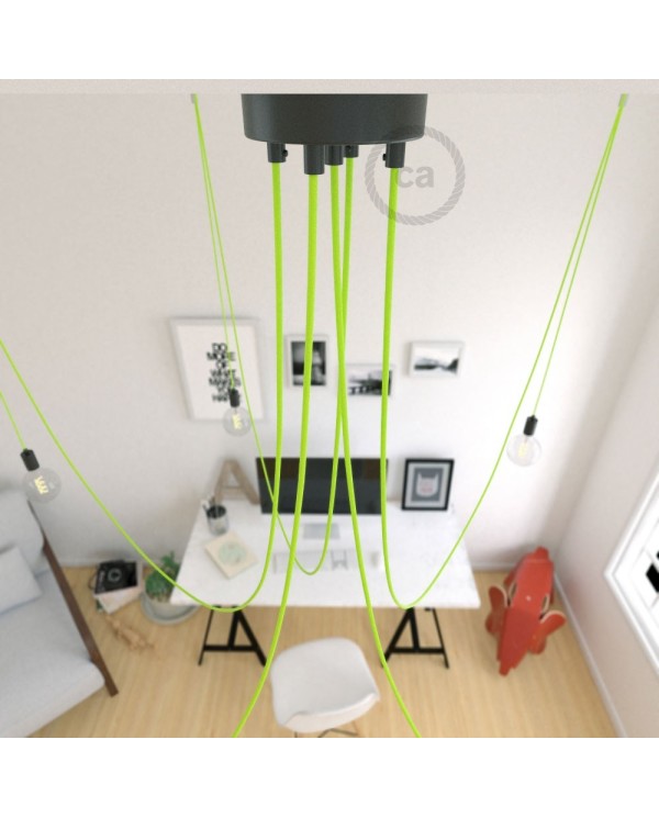 Spider, multiple suspension with 5 pendants, black metal, RF10 Neon Yellow cable, Made in Italy.