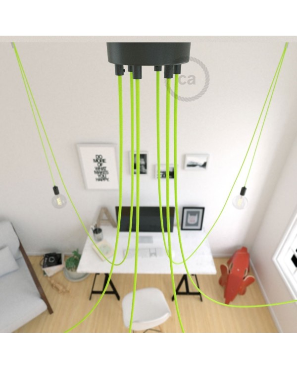 Spider, multiple suspension with 6 pendants, black metal, RF10 Neon Yellow cable, Made in Italy.