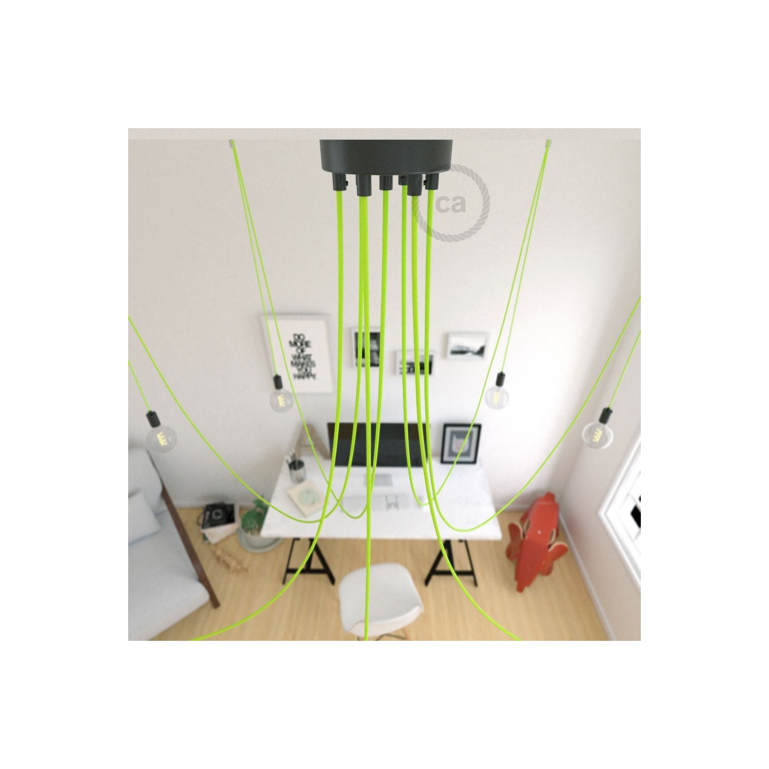 Spider, multiple suspension with 7 pendants, black metal, RF10 Neon Yellow cable, Made in Italy.