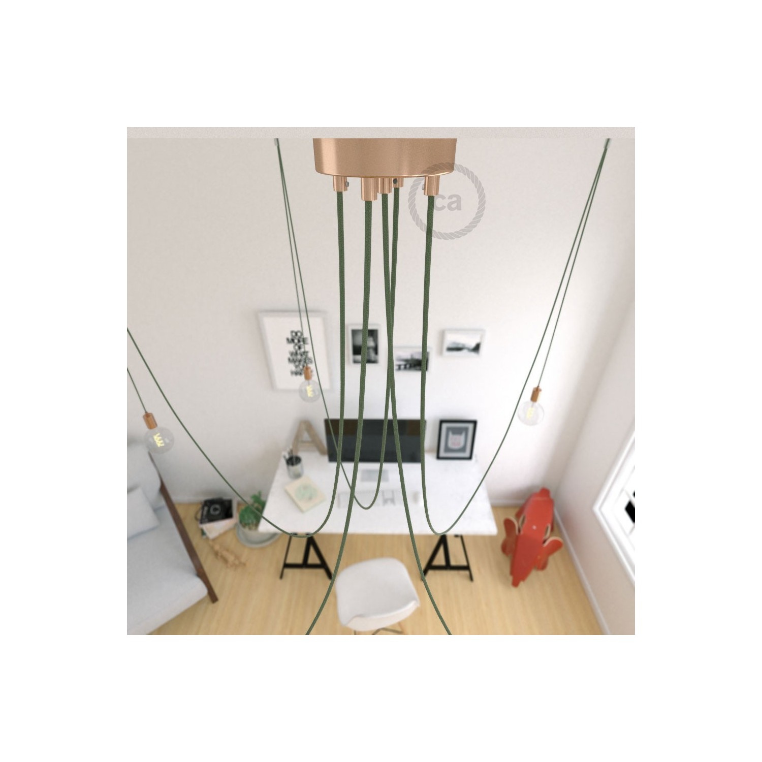Spider, multiple suspension with 5 pendants, copper metal, RC63 Green Grey cable, Made in Italy.