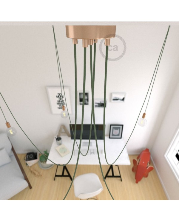Spider, multiple suspension with 5 pendants, copper metal, RC63 Green Grey cable, Made in Italy.