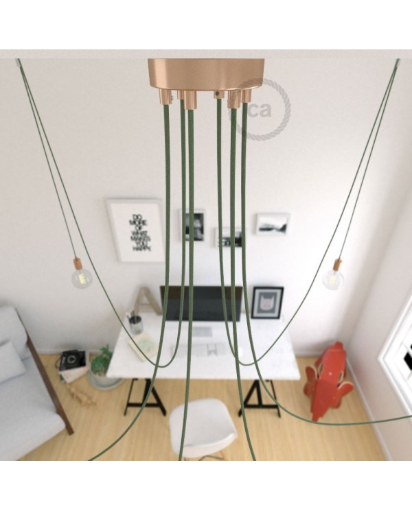 Spider, multiple suspension with 6 pendants, copper metal, RC63 Green Grey cable, Made in Italy.