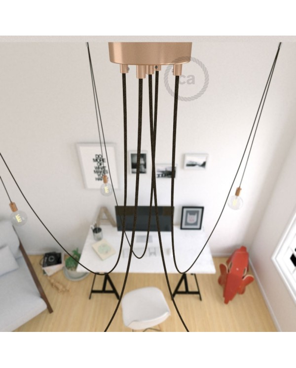 Spider, multiple suspension with 5 pendants, copper metal, RN04 Brown cable, Made in Italy.