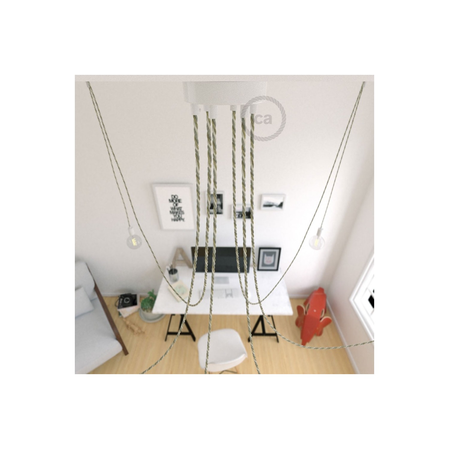 Spider, multiple suspension with 6 pendants, white metal, TN07 Country cable, Made in Italy.
