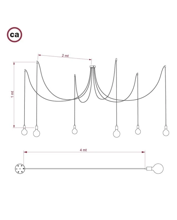 Spider, multiple suspension with 6 pendants, white metal, TN07 Country cable, Made in Italy.