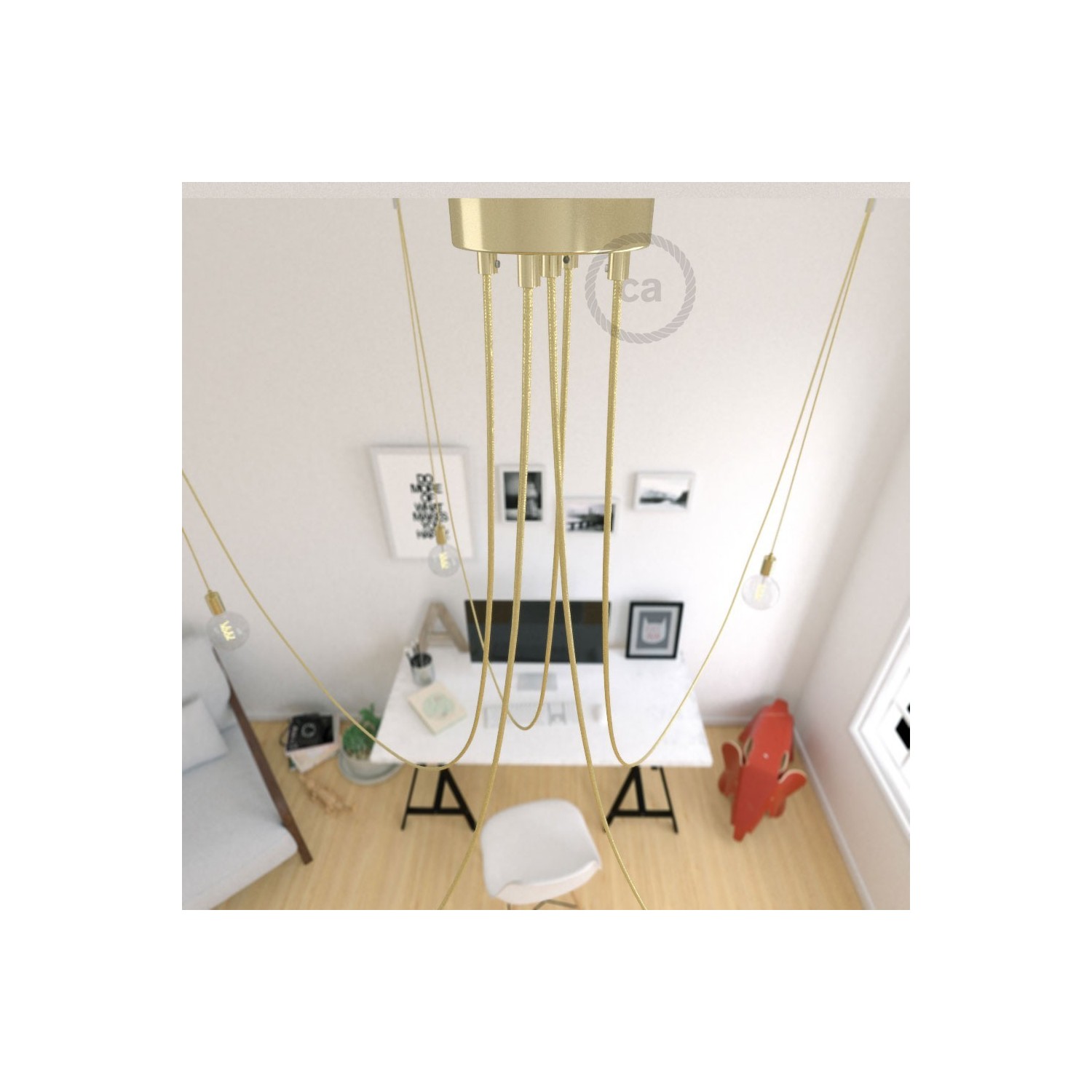 Spider, multiple suspension with 5 pendants, brass metal, RR13 Brass coloured Copper cable, Made in Italy.