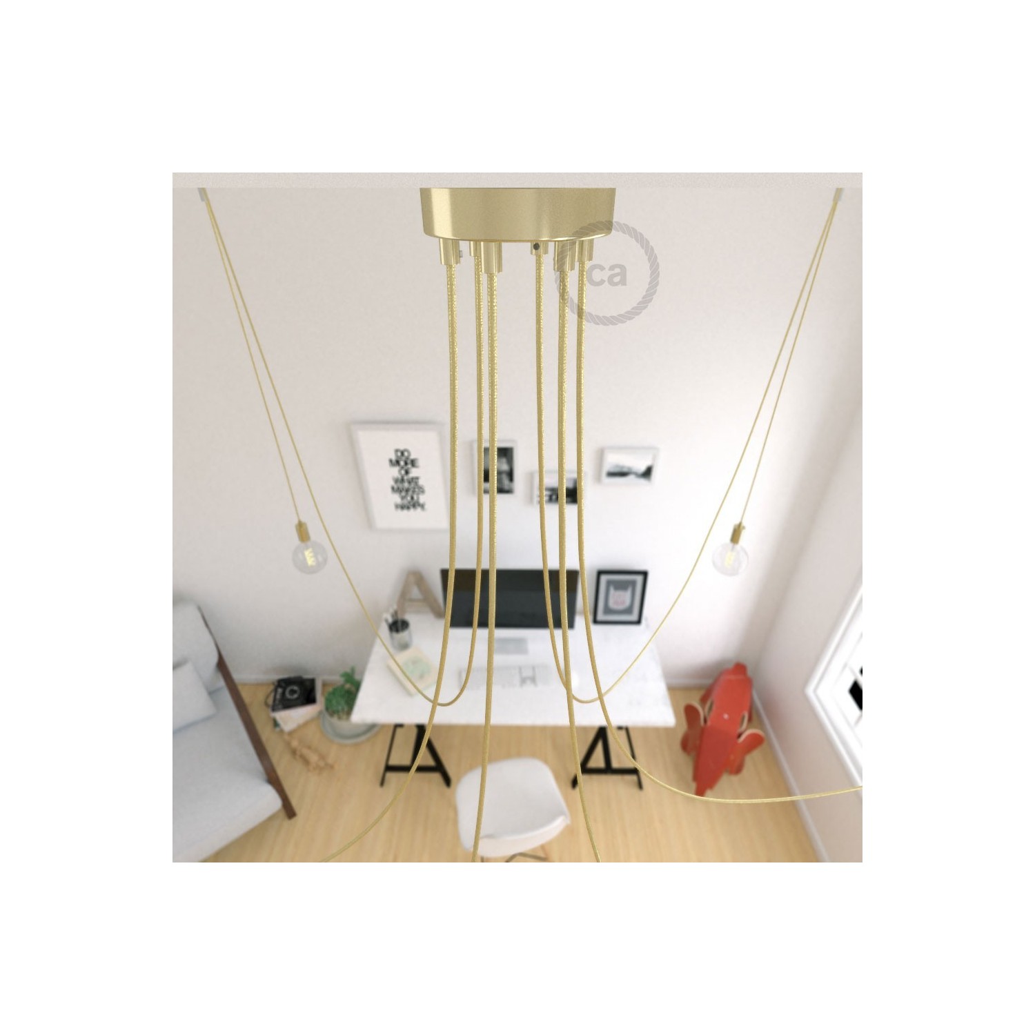 Spider, multiple suspension with 6 pendants, brass metal, RR13 Brass coloured Copper cable, Made in Italy.
