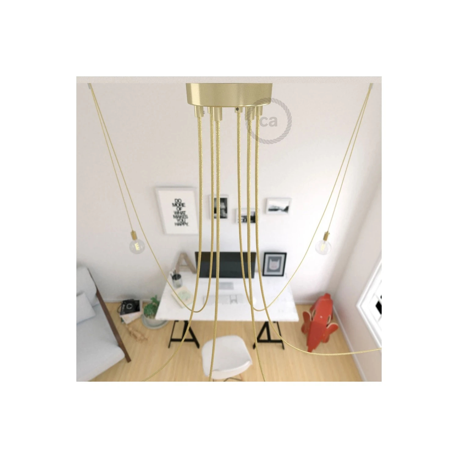 Spider, multiple suspension with 6 pendants, brass metal, RR13 Brass coloured Copper cable, Made in Italy.