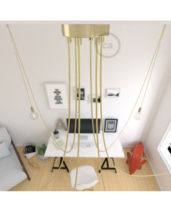 Spider, multiple suspension with 6 pendants, brass metal, RR13 Brass coloured Copper cable, Made in Italy.