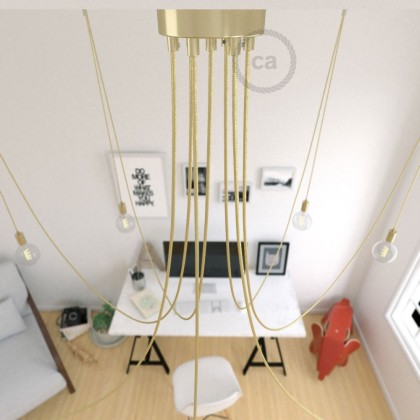 Spider, multiple suspension with 7 pendants, brass metal, RR13 Brass coloured Copper cable, Made in Italy.